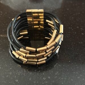 Black cord and Gold Multi-Strand sliding barrels wide Bracelet